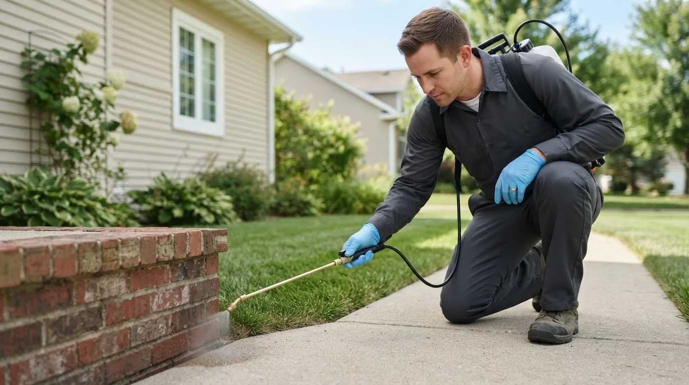 Pest control technician treating a home near East Dixfield, ME