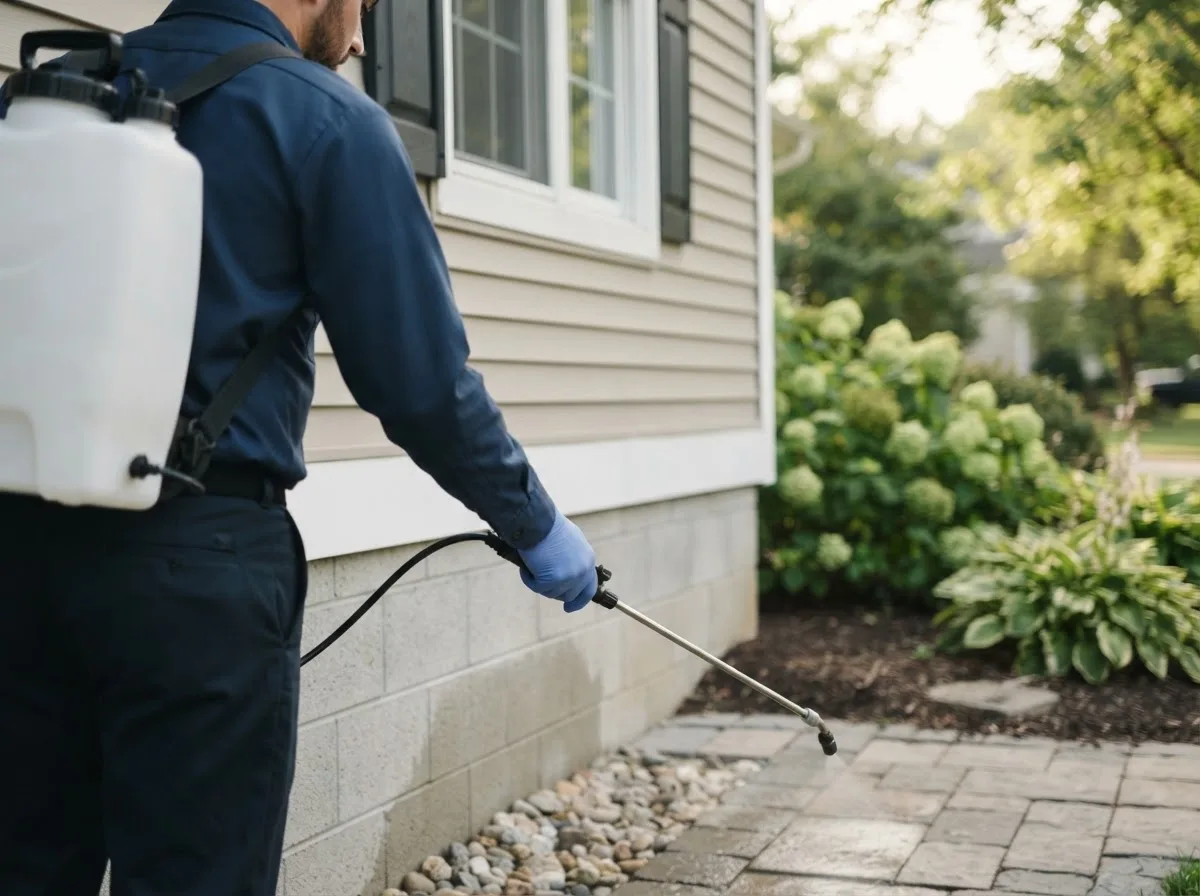 Pest control technician inspecting a home in East Dixfield, ME